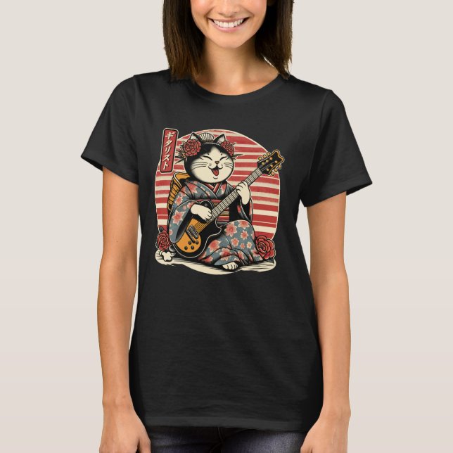 Japanische Samurai-Katze, die die elektrische Gita T-Shirt (Vorderseite)