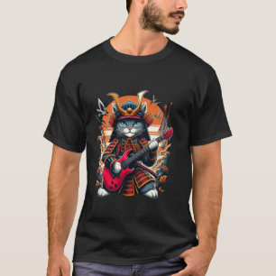 Japanische Samurai-Katze spielt elektrische Gitarr T-Shirt