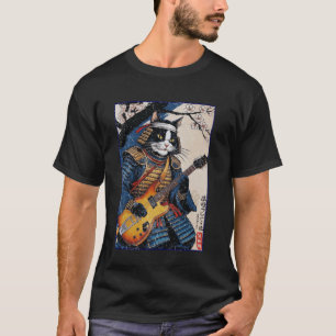 Japanische Samurai-Katze spielt elektrische Gitarr T-Shirt