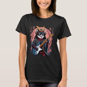 Japanische Samurai-Katze spielt elektrische Gitarr T-Shirt