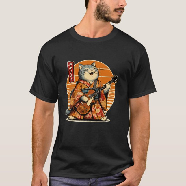 Japanische Samurai-Katze spielt elektrische Gitarr T-Shirt (Vorderseite)