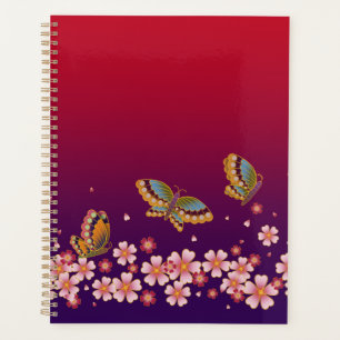 Japanische Schmetterlinge Amid Sakura Blüten Rot Planer