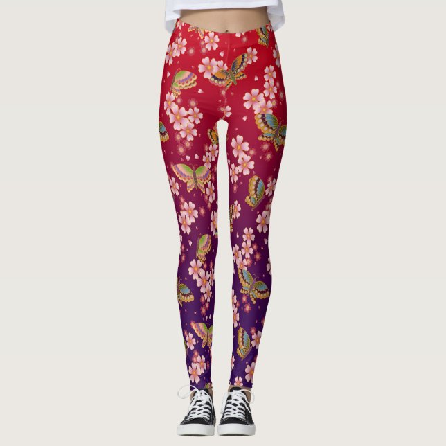 Japanische Schmetterlinge Amid Sakura Dusche Red Leggings (Vorderseite)