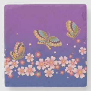 Japanische Schmetterlinge mitten in Sakura blühen Steinuntersetzer