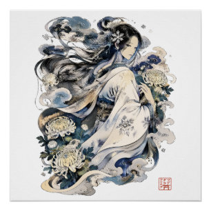 Japanische Schneefrau Kunst   Winter Yokai im Kimo Poster