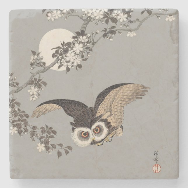 Japanische Schneemondwoodcut Flying Night Steinuntersetzer (Vorderseite)