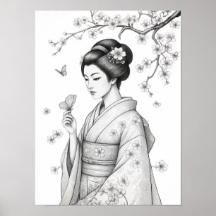 Japanische Schönheit mit Schmetterlingen Poster