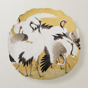Japanische Schwarmkraniche Vintage Vogel Reich Kla Rundes Kissen