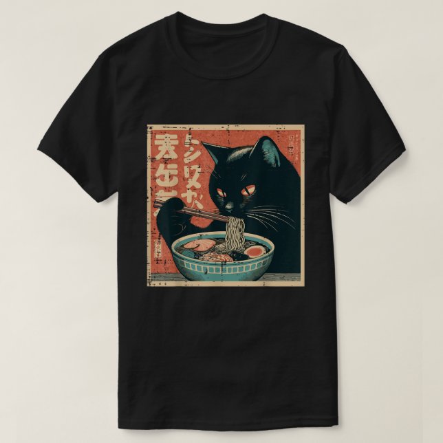 Japanische Schwarze Katze Eating Ramen Noodles Kit T-Shirt (Design vorne)