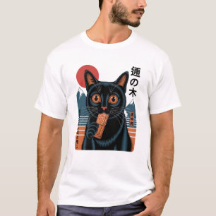 Japanische schwarze Katze mit Schokoriegel – Retro T-Shirt