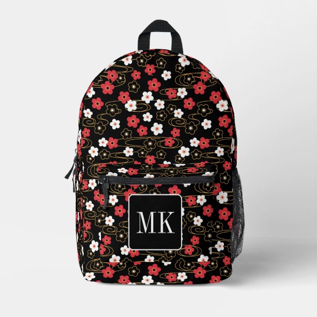 Japanische Schwarze Sakura-Blossom-Monogramm-Initi Bedruckter Rucksack (Vorderseite)