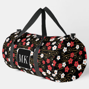Japanische Schwarze Sakura-Blossom-Monogramm-Initi Duffle Bag