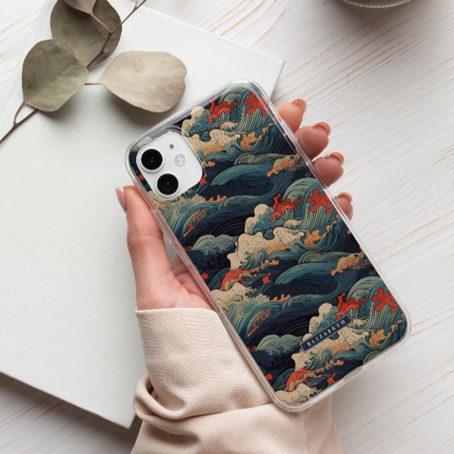 Japanische Seigaiha Blue & Red Wave Monogram Case-Mate iPhone Hülle (Von Creator hochgeladen)