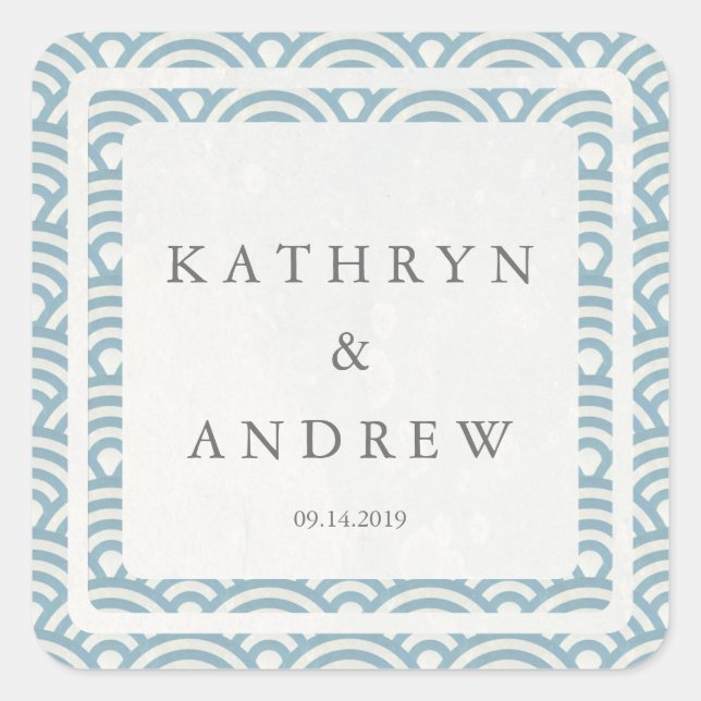 japanische Seigaiha Waves Individuelle Name+Date W Quadratischer Aufkleber (Vorderseite)