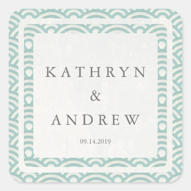 japanische Seigaiha Waves Individuelle Name+Date W Quadratischer Aufkleber (Vorderseite)