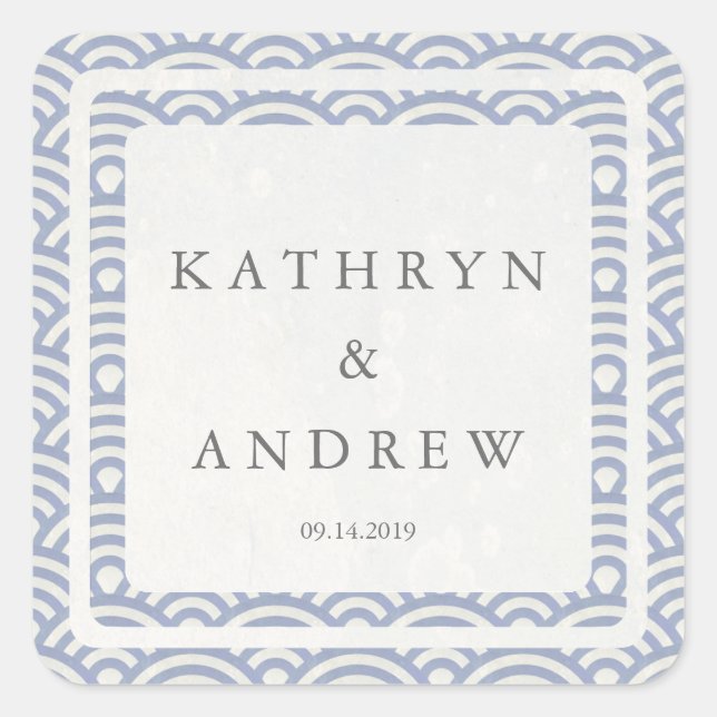japanische Seigaiha Waves Individuelle Name+Date W Quadratischer Aufkleber (Vorderseite)