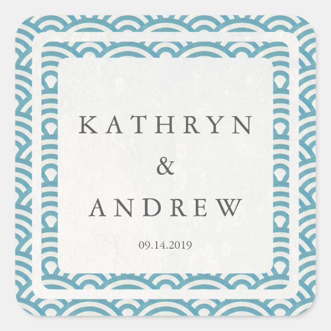 japanische Seigaiha Waves Individuelle Name+Date W Quadratischer Aufkleber (Vorderseite)