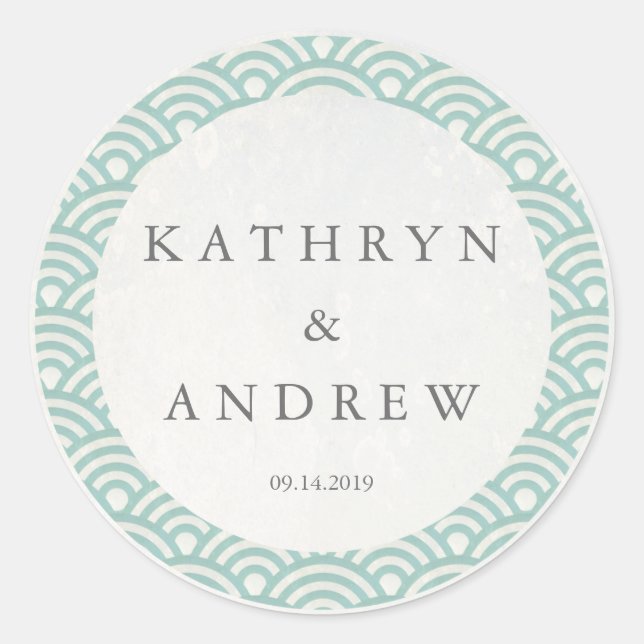 japanische Seigaiha Waves Individuelle Name+Date W Runder Aufkleber (Vorderseite)