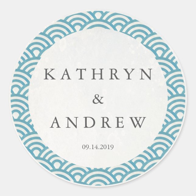 japanische Seigaiha Waves Individuelle Name+Date W Runder Aufkleber (Vorderseite)