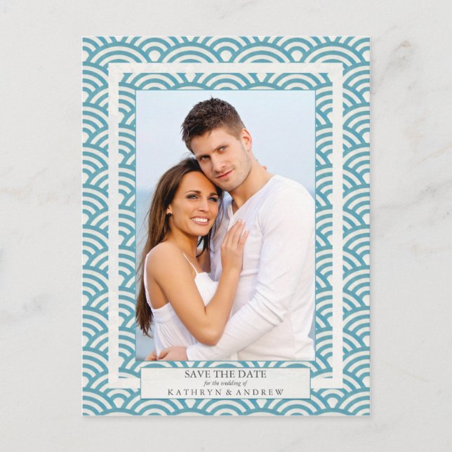 Japanische Seigaiha Waves Save the Date Fotografie Ankündigungspostkarte (Vorderseite)