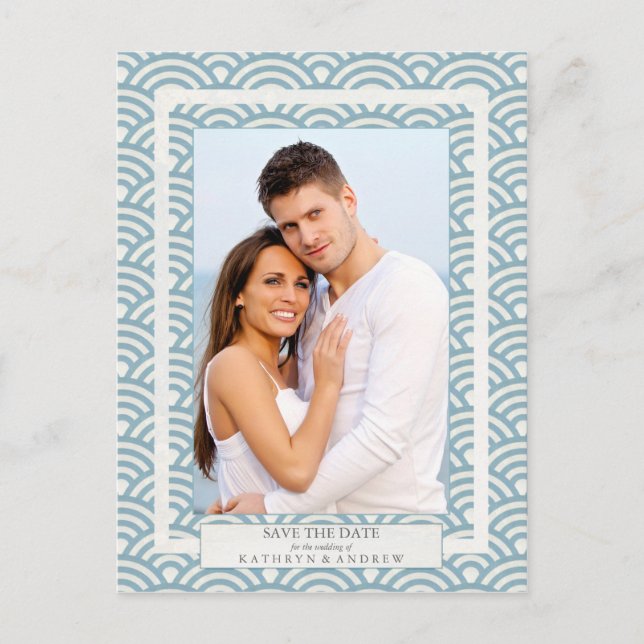 Japanische Seigaiha Waves Save the Date Fotografie Ankündigungspostkarte (Vorderseite)