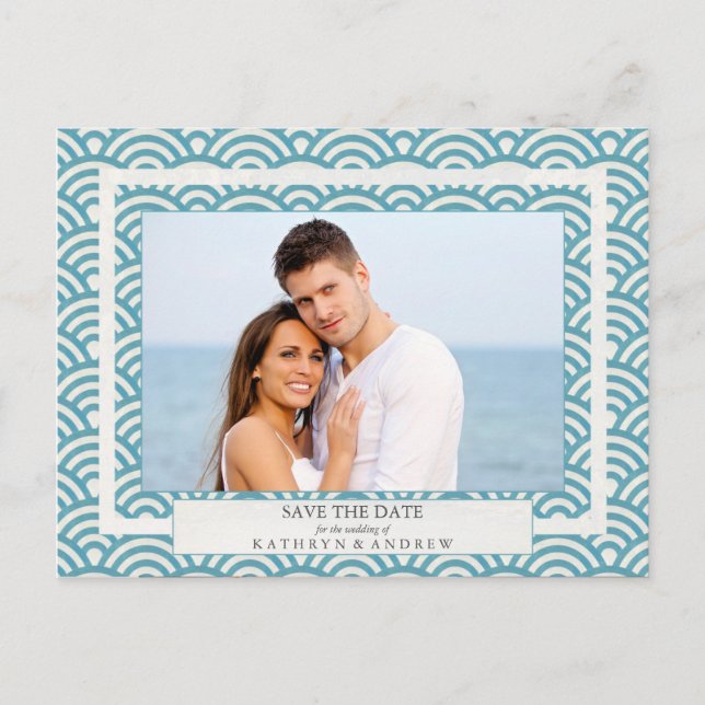 Japanische Seigaiha Waves Save the Date Fotografie Ankündigungspostkarte (Vorderseite)