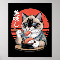 Japanische Siamkatze isst Sushi Kawaii Anime-Katze
