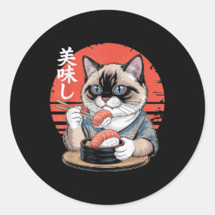 Japanische Siamkatze isst Sushi Kawaii Anime-Katze Runder Aufkleber