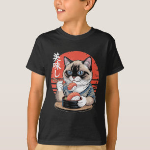 Japanische Siamkatze isst Sushi Kawaii Anime-Katze T-Shirt