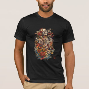Japanische Skelett-Kunst Gotische florale Schäde T-Shirt