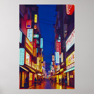 Japanische Stadtstraße bei Nacht Poster
