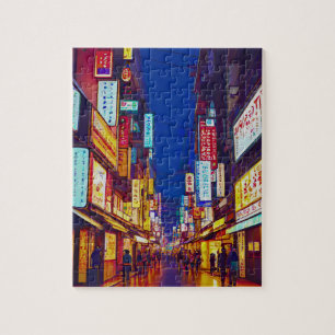 Japanische Stadtstraße bei Nacht Puzzle