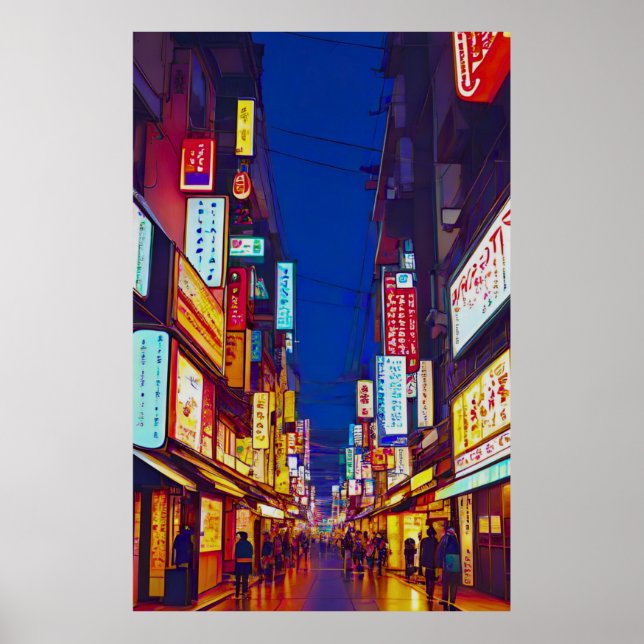 Japanische Stadtstraße nachts Poster (Vorne)