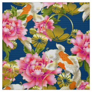 Japanische Stoffmuster mit Koi, Blume und Mon Stoff
