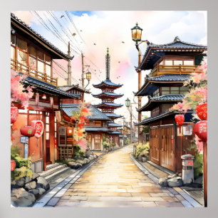 Japanische Straße gemütliche Quelle Aquarell Poster