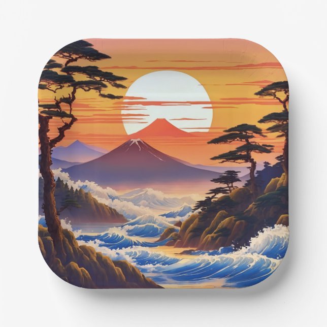 Japanische Sunrise Sunset Landschaft Pappteller (Vorderseite)