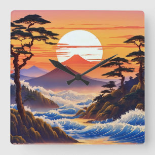 Japanische Sunrise Sunset Landschaft Quadratische Wanduhr
