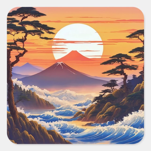 Japanische Sunrise Sunset Landschaft Quadratischer Aufkleber (Vorderseite)