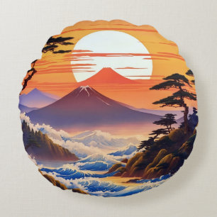 Japanische Sunrise Sunset Landschaft Rundes Kissen