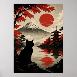 Japanische Sunset Cat mit Mount Fuji und Pagoda Poster
