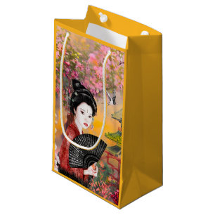 Japanische Szene mit einem kleinen weiblichen Gesc Kleine Geschenktüte