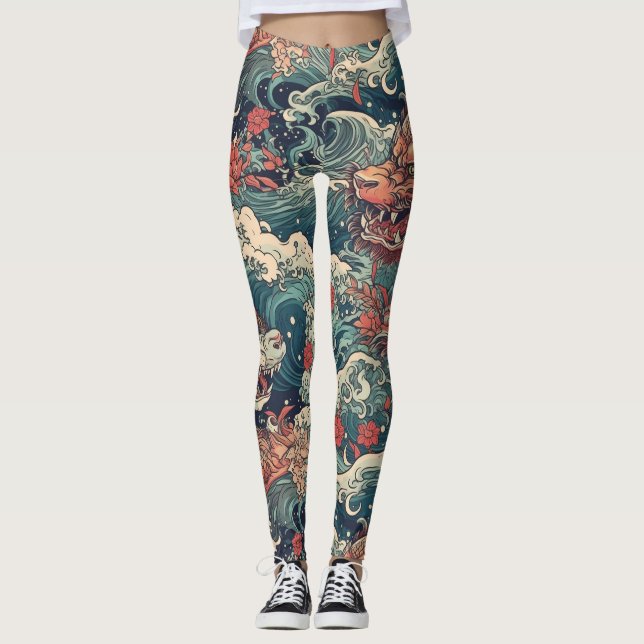 Japanische Tattoo Art Twin Dragons Leggings (Vorderseite)