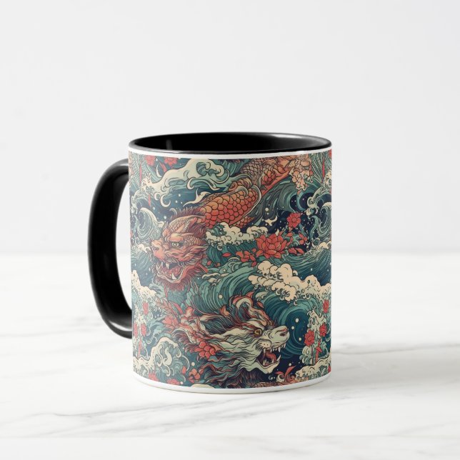 Japanische Tattoo Art Twin Dragons Tasse (Vorderseite Links)