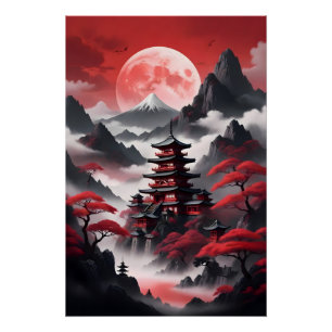 Japanische Tempel in nebligen Bergen Poster