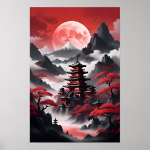 Japanische Tempel in scheußlichen Bergen Poster