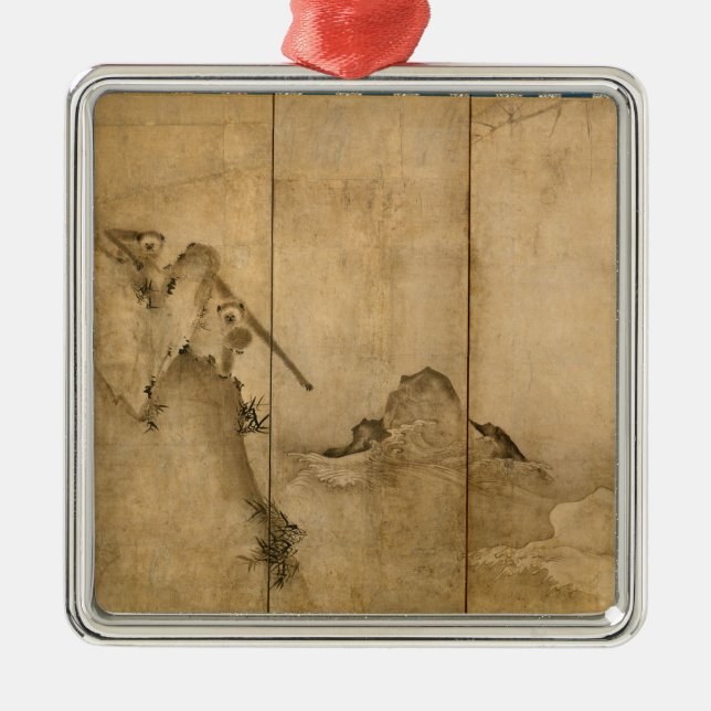 Japanische Tinte auf Papier Gibbons Primate & Land Ornament Aus Metall (Vorne)
