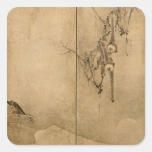 Japanische Tinte auf Papier Gibbons Primate & Land Quadratischer Aufkleber