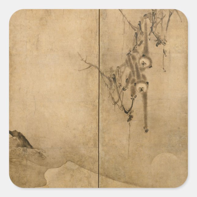 Japanische Tinte auf Papier Gibbons Primate & Land Quadratischer Aufkleber (Vorderseite)