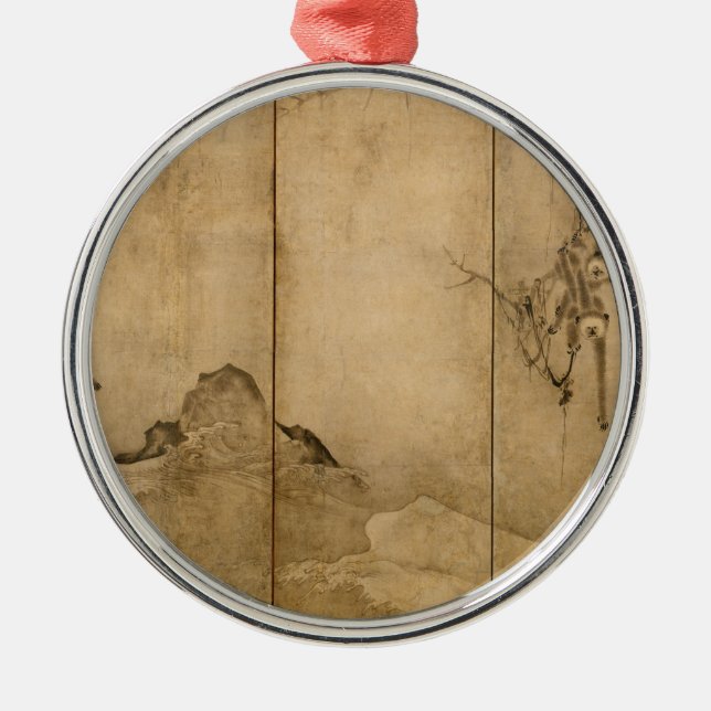 Japanische Tinte auf Papier Gibbons Primate & Land Silbernes Ornament (Vorne)