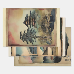 Japanische traditionelle Landschaft Paint ephemera Geschenkpapier Set